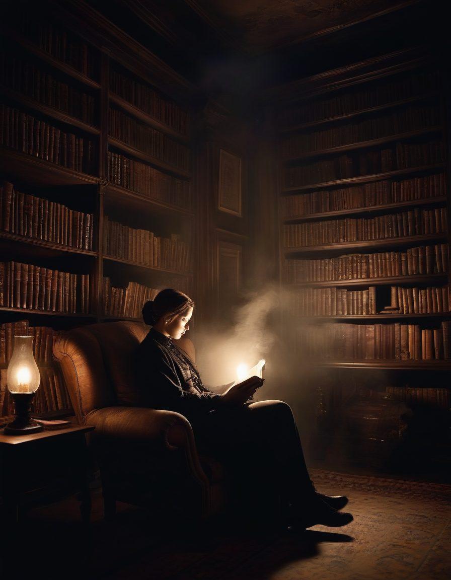 A shadowy library filled with dimly lit bookshelves overflowing with mysterious tomes, a haunting silhouette of a person absorbed in reading on an ancient armchair, soft tendrils of smoke curling around them, alluding to the complexities of coerced narratives. Dark and moody atmosphere with contrasting highlights illuminating the opened book. surrealistic. dark tones. mystical ambiance.