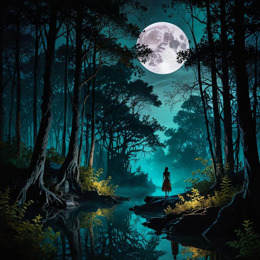 A thought-provoking blend of fantasy and reality, showcasing a surreal adult-themed landscape where ethereal figures embody the juxtaposition of allure and unease. Incorporate elements like a shimmering moon, shadowy forests, and hints of modern sexuality interwoven with dream-like symbols. Capture a contemplative atmosphere with soft lighting and contrasting colors to evoke introspection. surrealism. vibrant colors. atmospheric lighting.